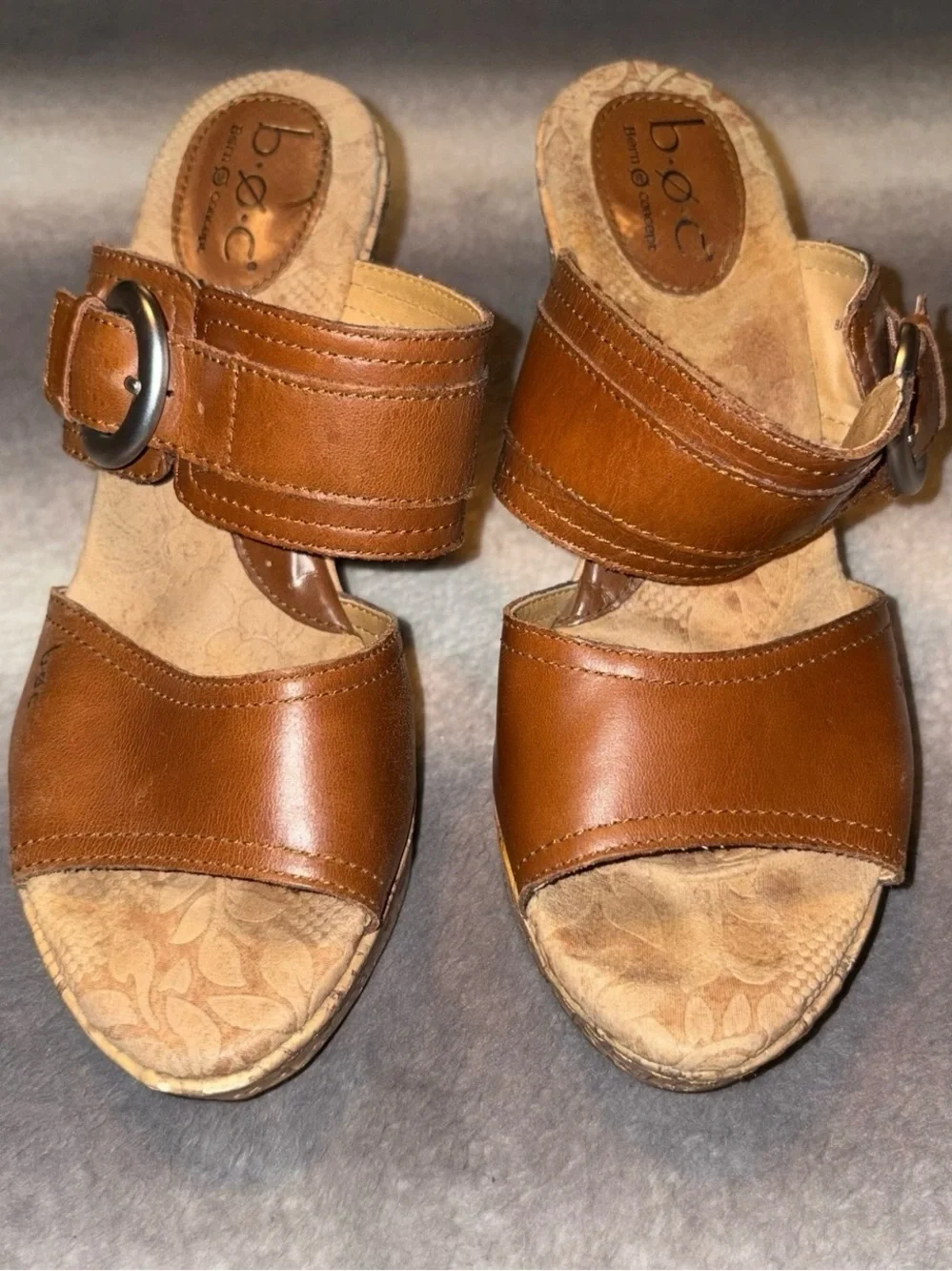 BOC Born Concept Pounce Leather Cork Wedge Slide Sandals Brown Comfort Size 8